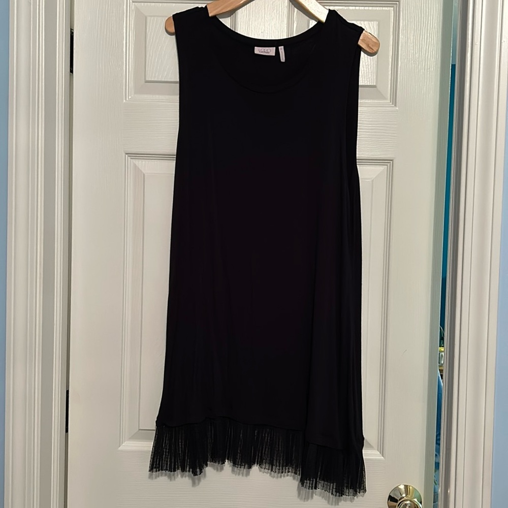 LOGO sleeveless tunic top with lace bottom edge   Size XL color black.